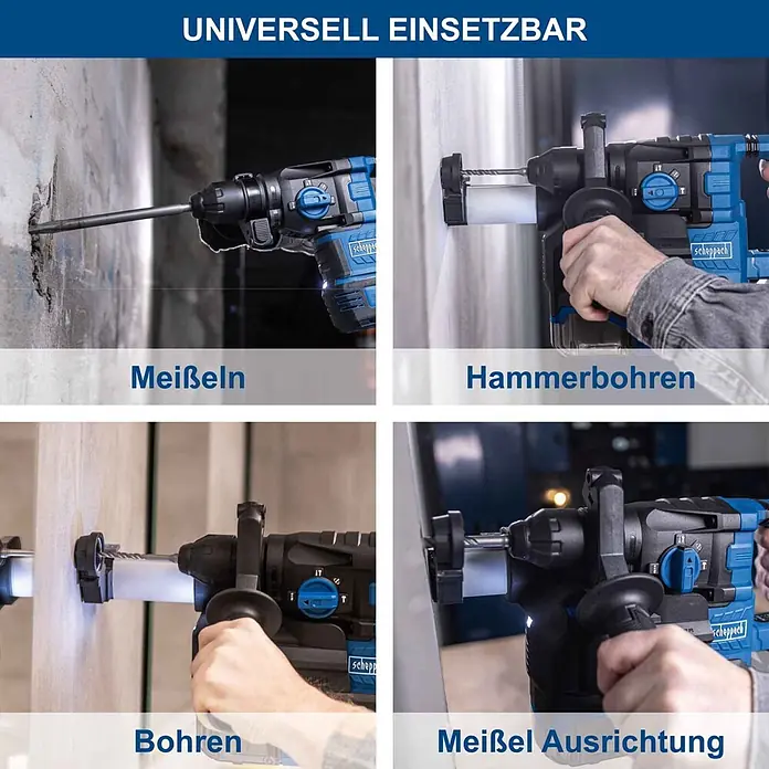 Scheppach IXES 20V Akku-Kombihammer - 20 V, Ohne Akku, 2,8 J - Blauer und schwarzer Scheppach Bohrhammer in vier Modi: Meißeln, Hammerbohren, Bohren und Meißelausrichtung.