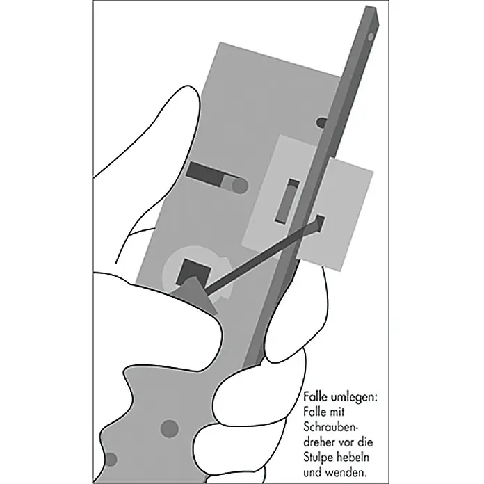 Stabilit Einsteckschloss - Links/Rechts, Dornmaß: 20 mm - Eine Hand justiert ein Türschloss mit einem Schraubendreher. Anleitung zum Umlegen der Falle.
