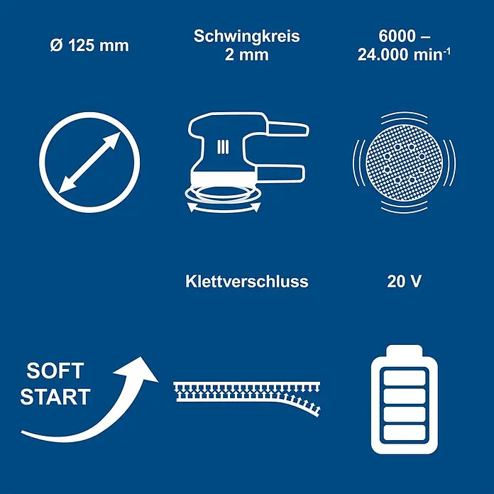 Scheppach IXES 20V Akku-Bohrschrauber BC-DD60-X - 20 V, Ohne Akku, 60 Nm - Merkmale eines Exzenterschleifers: 125mm Schleifteller, 2mm Schwingkreis, 6000-24000 min⁻¹, Klettverschluss, 20V, Sanftanlauf.