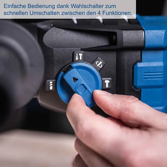 Scheppach IXES 20V Akku-Kombihammer - 20 V, Ohne Akku, 2,8 J - Hand betätigt blauen Wahlschalter an schwarzem Elektrowerkzeug zur Auswahl von vier Funktionen.