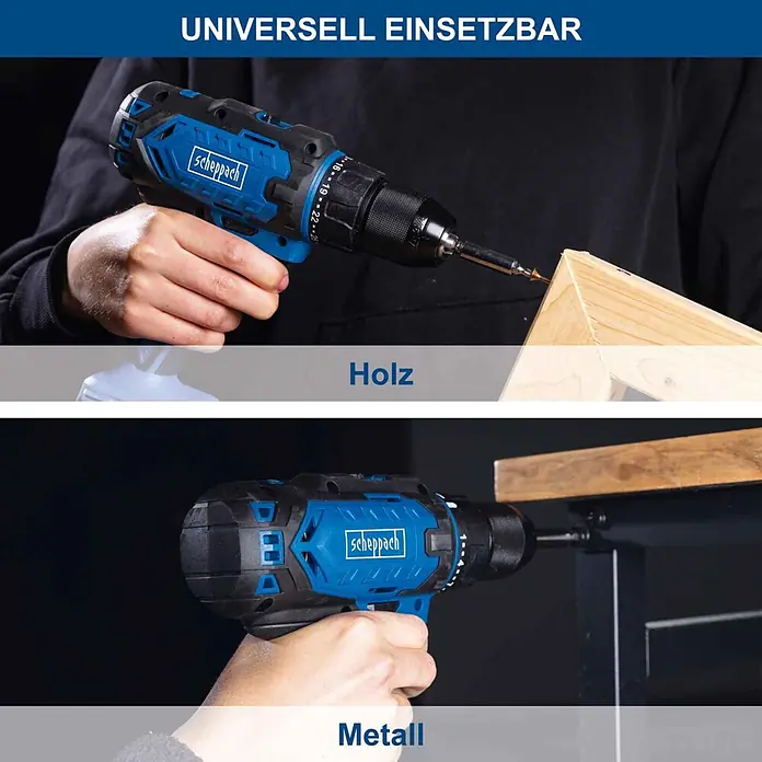 Scheppach IXES 20V Akku-Bohrschrauber C-DD45-X - 20 V, Ohne Akku, 45 Nm - Blau-schwarzer Scheppach Akku-Bohrschrauber, verwendet zum Schrauben in Holz und Metall, zeigt seine universelle Einsetzbarkeit.