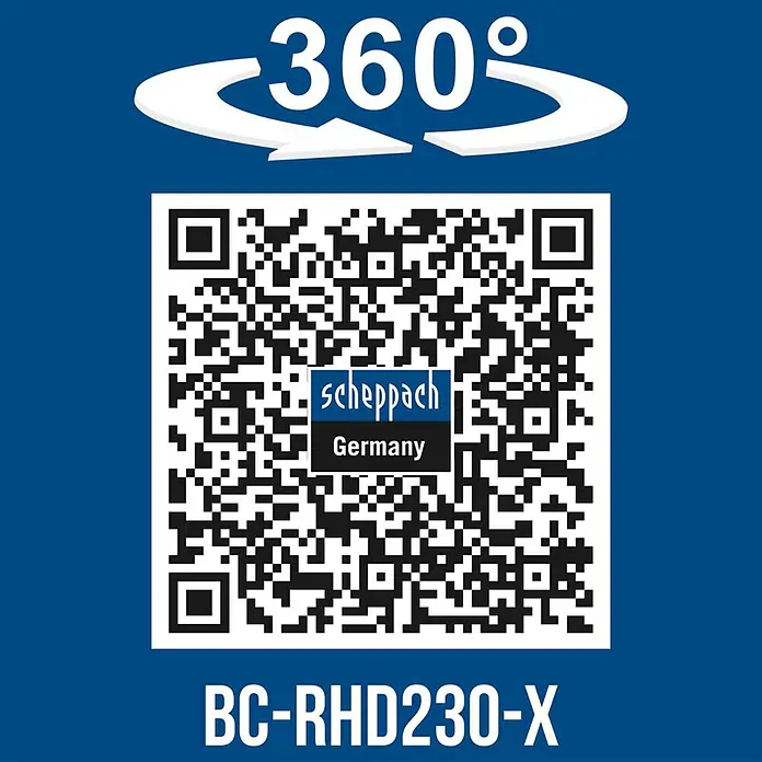 Scheppach IXES 20V Akku-Bohrhammer BC-RHD230-X - 20 V, 2,2 J, Bohrfutter/Werkzeugaufnahme Elektromaschine: SDS-Plus-Aufnahme, Max. Schlagzahl: 5.500 /min - Blaue Grafik mit 360°-Symbol und QR-Code für scheppach Germany Produkt BC-RHD230-X.