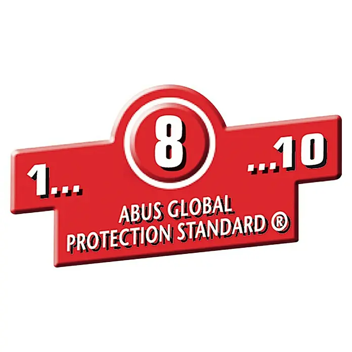 Abus Schutzbeschlag KLZS 714 - Wohnungsabschlusstür, Neusilber, Knopf außen, Drücker innen - ABUS Global Protection Standard-Aufkleber mit den Bewertungen 1-10, wobei 8 hervorgehoben ist, was ein hohes Sicherheitsniveau anzeigt.