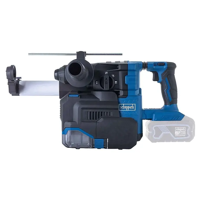Scheppach IXES 20V Akku-Kombihammer - 20 V, Ohne Akku, 2,8 J - Blauer und schwarzer Scheppach Akku-Bohrhammer mit Staubabsaugung und Akkupack.