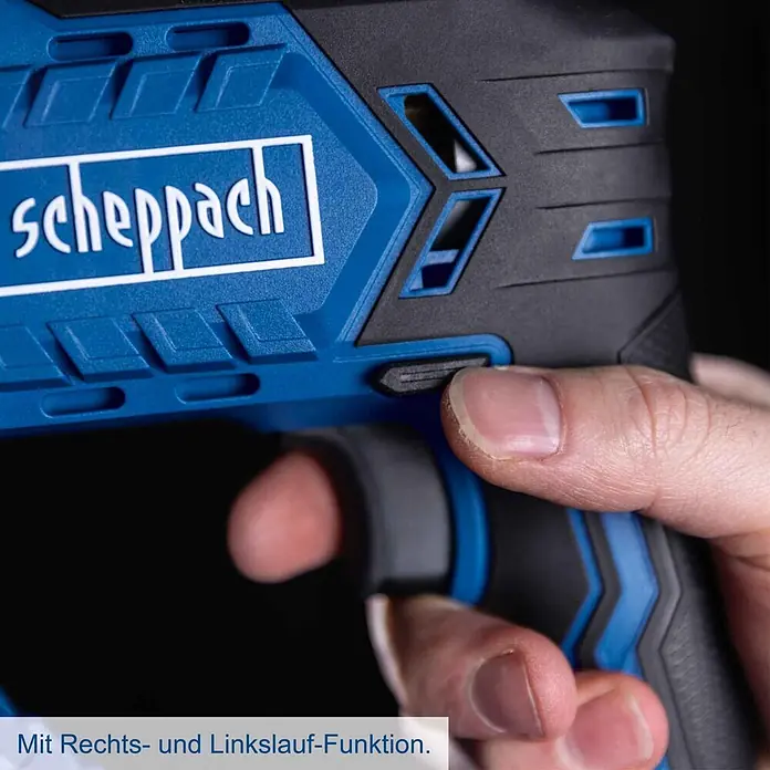 Scheppach IXES 20V Akku-Bohrhammer C-RHD130-X - 20 V, Ohne Akku, 1,3 J - Blau-schwarzes Elektrowerkzeug mit Hand, die den Rechts-/Linkslaufschalter bedient.