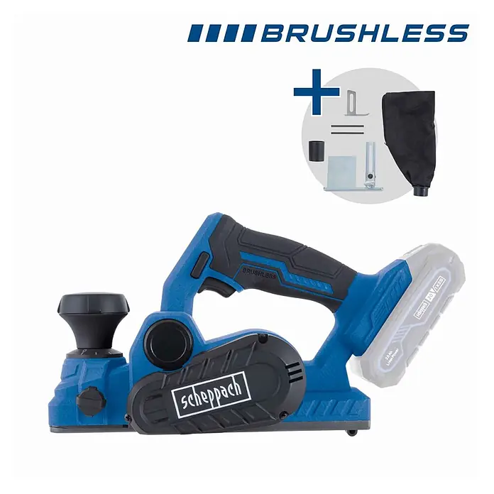 Scheppach IXES 20V Akku-Hobel BC-PLM82-X - 20 V, Ohne Akku, Hobeltiefe: 0 mm - 2 mm, Leerlaufdrehzahl: 15.000 U/min - Scheppach bürstenloser Akku-Hobel in Blau-Schwarz mit 20V Akku und Zubehör wie Staubfangbeutel.