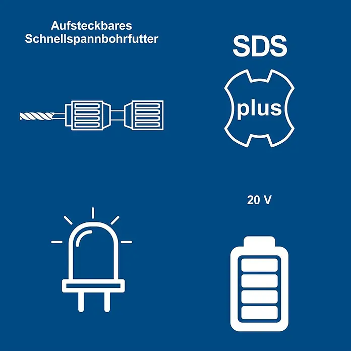 Scheppach IXES 20V Akku-Bohrhammer C-RHD130-X - 20 V, Ohne Akku, 1,3 J - SDS plus, 20V Akku-Werkzeug mit aufsteckbarem Schnellspannbohrfutter und LED-Licht.