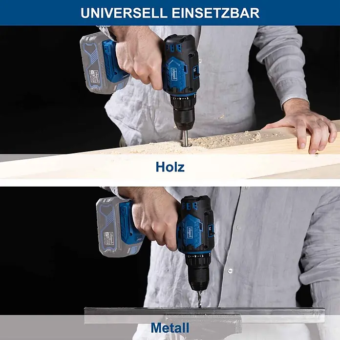 Scheppach IXES 20V Akku-Bohrschrauber BC-DD60-X - 20 V, Ohne Akku, 60 Nm - Blau-schwarzer Akku-Bohrschrauber bohrt in Holz und Metall, was seine universelle Einsetzbarkeit hervorhebt.