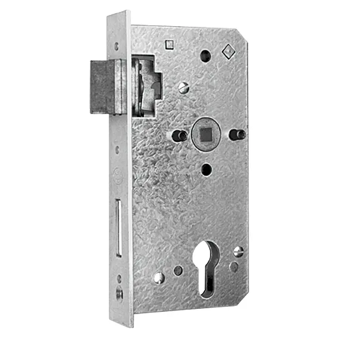 Gartentor-Einsteckschloss - Links/Rechts - Nahaufnahme eines silbernen Einsteckschlosses für Türen, das die Mechanismen und das robuste Design des Produkts hervorhebt.