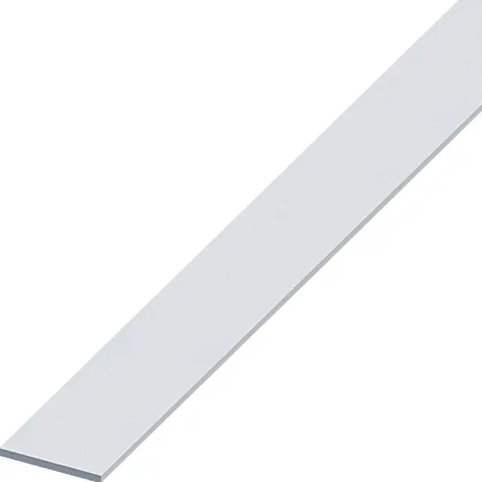 Kantoflex Flachprofil - L x B x S: 1.000 x 30 x 2 mm, Silber, Eloxiert - Dargestellt ist ein flaches, rechteckiges, weißes Aluminiumblech, das sich diagonal über den weißen Hintergrund erstreckt. Ideal für diverse Bauprojekte.