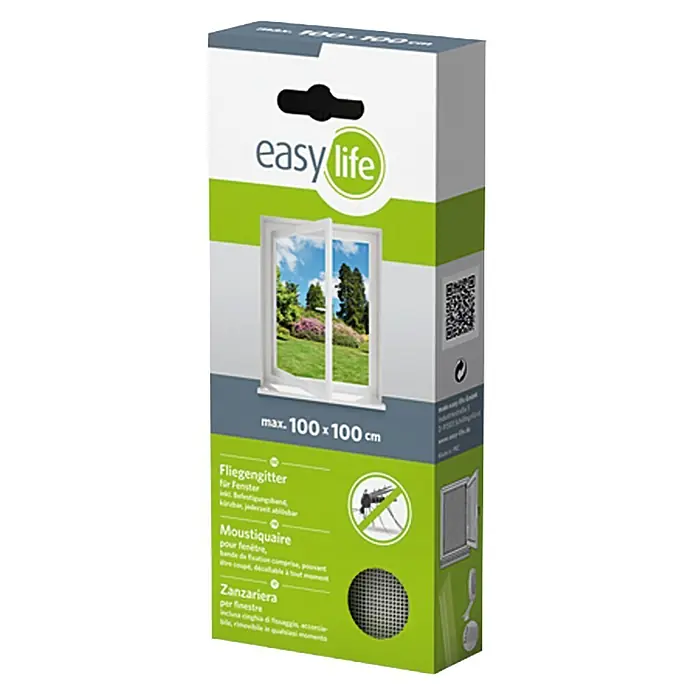 Easy Life Elastic Insektenschutzgitter - B x H: 130 x 150 cm, Anthrazit, Montage Insektengitter: Ankletten - Verpackung für Easy Life Fliegengitter für Fenster mit einer maximalen Größe von 100x100 cm, inklusive Befestigungsband.