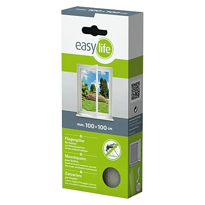 Easy Life Elastic Insektenschutzgitter - B x H: 130 x 150 cm, Weiß, Montage Insektengitter: Ankletten - Verpackung für Easy Life Fliegengitter für Fenster mit einer maximalen Größe von 100x100 cm, inklusive Befestigungsband.