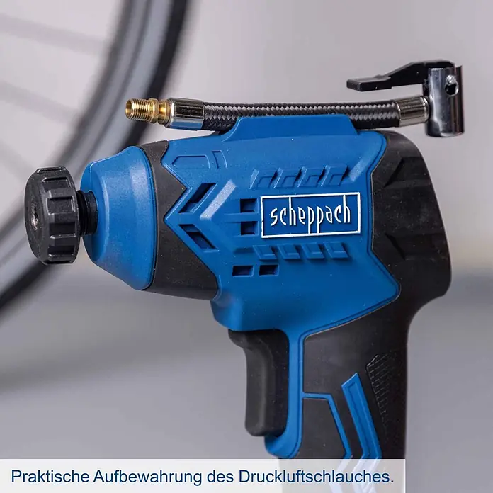 Scheppach IXES 20V Akku-Luftpumpe C-AC20-X - Max. Druck: 7 bar - Blauer und schwarzer Scheppach Akku-Kompressor mit integrierter Schlauchaufbewahrung.
