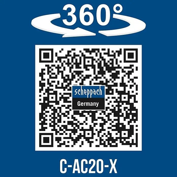 Scheppach IXES 20V Akku-Luftpumpe C-AC20-X - Max. Druck: 7 bar - QR-Code für 360-Grad-Ansicht des Scheppach Produkts C-AC20-X scannen.