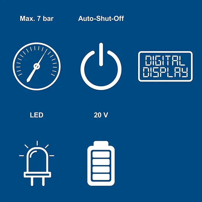 Scheppach IXES 20V Akku-Luftpumpe C-AC20-X - Max. Druck: 7 bar - Icons mit Produktmerkmalen: max. 7 bar Druck, Abschaltautomatik, Digitalanzeige, LED-Licht und 20V Akku.