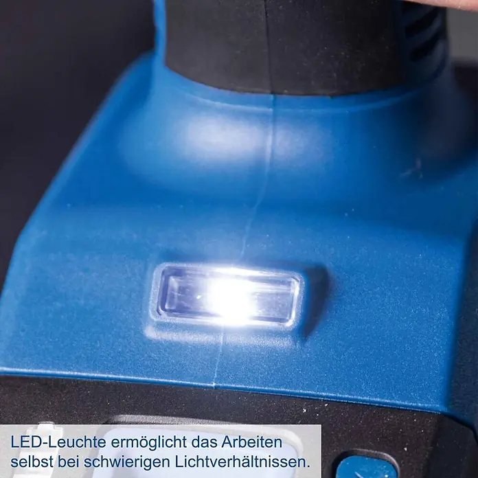 Scheppach IXES 20V Akku-Luftpumpe C-AC20-X - Max. Druck: 7 bar - Nahaufnahme eines blauen Elektrowerkzeugs mit einer hell leuchtenden LED-Leuchte auf seiner Oberfläche.