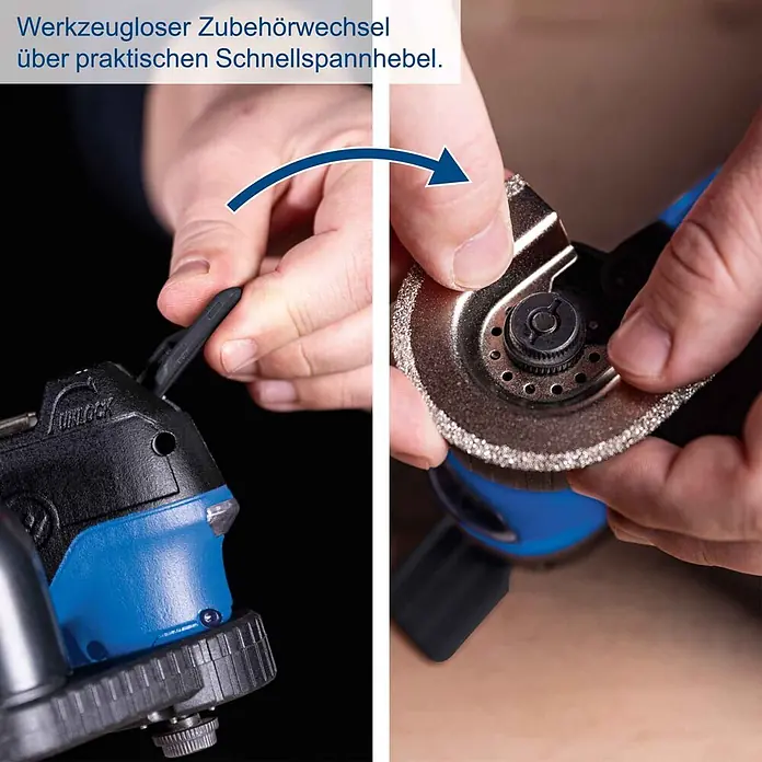 Scheppach IXES 20V Akku-Multifunktionswerkzeug C-MT40-X - 20 V - Hände wechseln eine Diamanttrennscheibe an einem Oszillationswerkzeug mittels Schnellspannhebel.