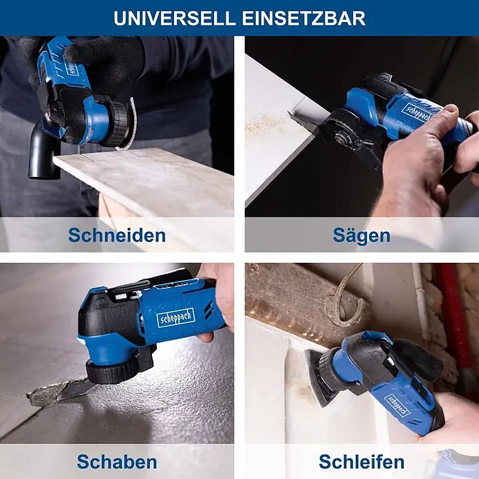 Scheppach IXES 20V Akku-Multifunktionswerkzeug C-MT40-X - 20 V - Blau-schwarzes Scheppach Multifunktionswerkzeug bei vier Anwendungen: Schneiden, Sägen, Schaben und Schleifen.
