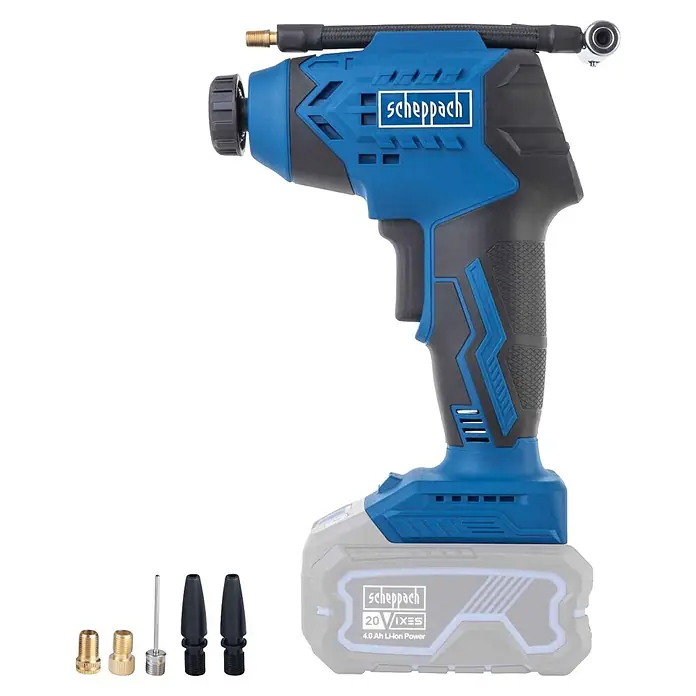 Scheppach IXES 20V Akku-Luftpumpe C-AC20-X - Max. Druck: 7 bar - Scheppach blauer und schwarzer Akku-Luftkompressor mit grauem Akku und verschiedenen Aufblasdüsen.