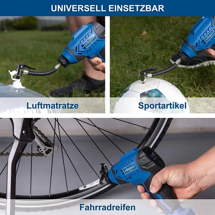 Scheppach IXES 20V Akku-Luftpumpe C-AC20-X - Max. Druck: 7 bar - Blauer und schwarzer Scheppach Akku-Kompressor, der eine Luftmatratze, einen Fußball und einen Fahrradreifen aufpumpt, was seine vielseitige Einsatzmöglichkeit zeigt.