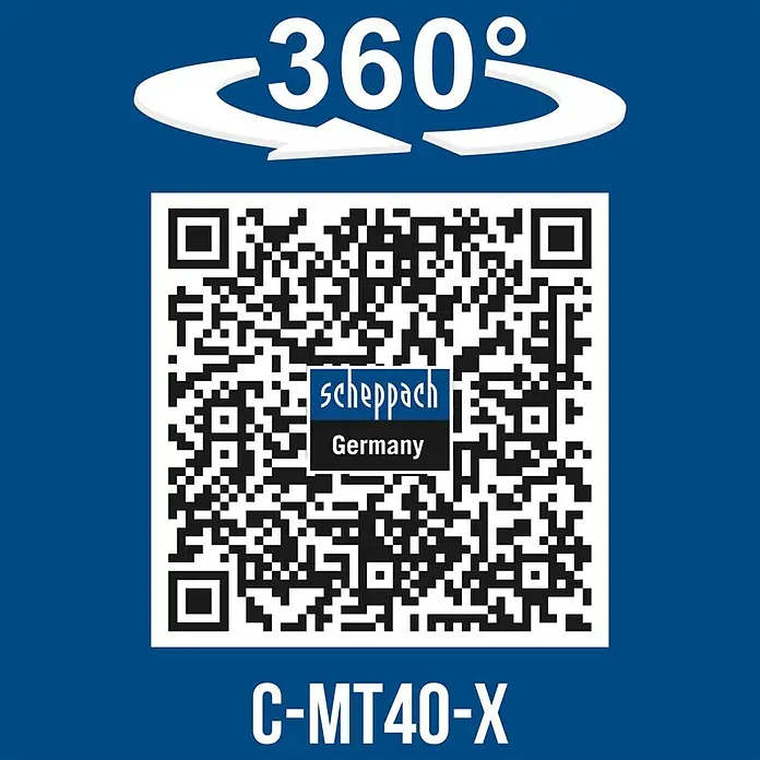 Scheppach IXES 20V Akku-Multifunktionswerkzeug C-MT40-X - 20 V - Grafik mit 360°-Symbol, QR-Code zu Scheppach Deutschland Informationen und Modellnummer C-MT40-X. Für Produktansicht scannen.