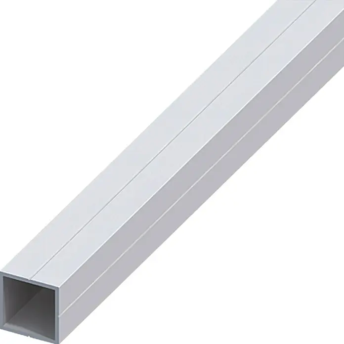 Kantoflex Vierkantrohr - L x B x S: 1.000 x 23,5 x 1,5 mm, Aluminium, Silber - Darstellung eines silbernen Vierkantrohrs, das sich diagonal durch das Bild erstreckt und dessen hohler Querschnitt sichtbar ist.