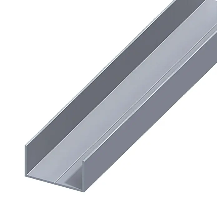 Kantoflex U-Profil - 1.000 x 19,5 x 11,5 mm, Stärke: 1,5 mm, Aluminium, Silber - Abbildung eines grauen Stahl-U-Profils, das in der Industrie für Stabilität und Konstruktion verwendet wird.