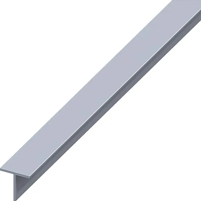 Kantoflex T-Profil - 2.500 x 15,5 x 15,5 mm, Stärke: 1,5 mm, Aluminium, Silber - Nahaufnahme eines T-Profils aus Metall, das für Konstruktionen und Bauarbeiten verwendet wird. Es ist ein robustes und langlebiges Material.