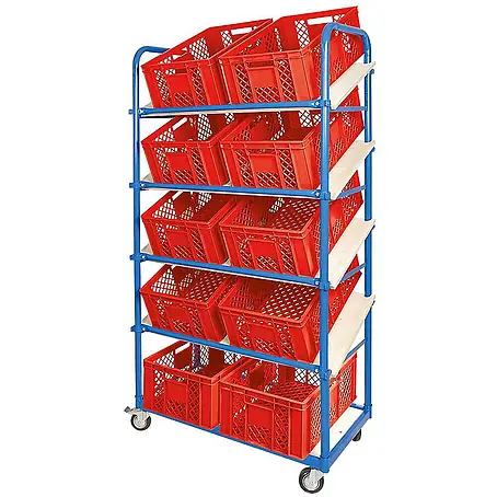 BRB Schrägboden-Regalwagen mit 5 Ebenen, 4, Lenkrollen, bestückt mit 10 Euroboxen durchbrochen 600x400x240 mm rot