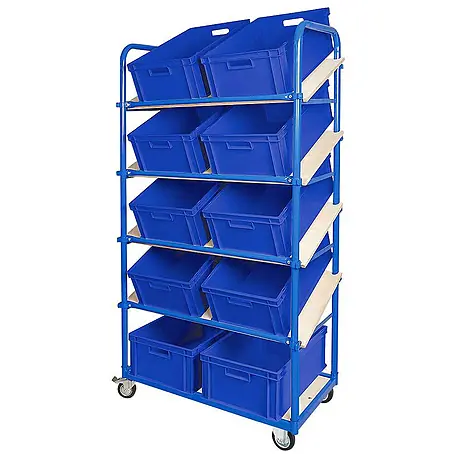 BRB Schrägboden-Regalwagen mit 5 Ebenen, bestückt mit 10 Euroboxen 600x400x220 mm blau