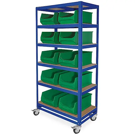 BRB Etagenwagen mit 6 Ebenen, BxTxH 900x500x1905 mm, 4 Lenkrollen, 2 mit Feststellbremse, blau, bestückt mit 10 Sichtboxen LB2, BxTxH 300x500x200 mm (Grün)
