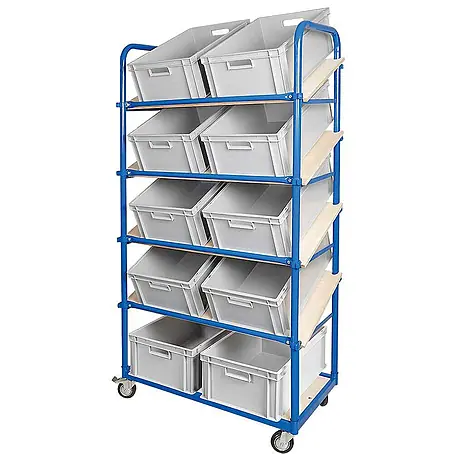 BRB Schrägboden-Regalwagen mit 5 Ebenen, 4 Lenkrollen, bestückt mit 10 Euroboxen 600x400x220 mm grau