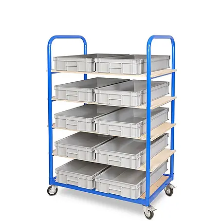 BRB Etagenwagen mit 5 Ebenen, BxTxH 1050x500x1450 mm, bestückt mit 10 Euroboxen BxTxH 600x400x120 mm (grau)