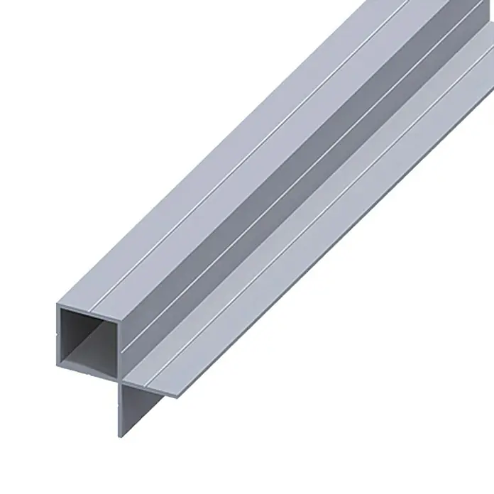 Kantoflex Vierkantrohr - 2.500 x 43,5 x 23,5 mm, Stärke: 1,5 mm, Grau - Silberfarbenes Aluminiumprofil in H-Form, ideal für Bau- und Konstruktionsanwendungen, mit präzisen Linien und robustem Design.