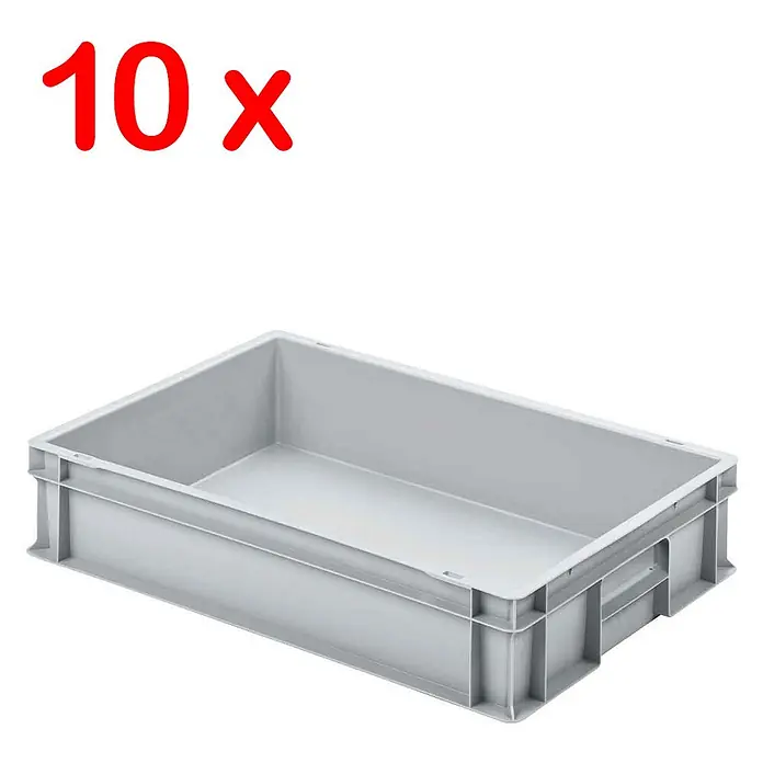 BRB Etagenwagen mit 5 Ebenen, BxTxH 1050x500x1450 mm, bestückt mit 10 Euroboxen BxTxH 600x400x120 mm - grau - Zehn graue Kunststoff-Lagerboxen, rechteckig und stapelbar.