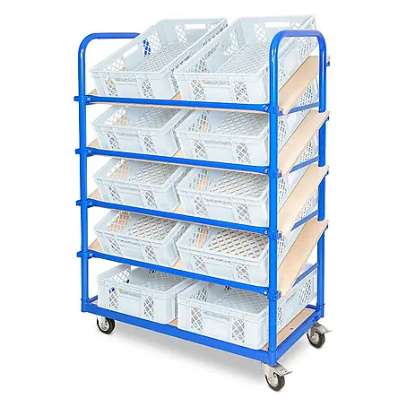 BRB Schrägboden-Regalwagen mit 5 Ebenen, bestückt mit 10 Euroboxen BxTxH 600x400x150 mm, durchbrochen, BxTxH 1050x500x1450 mm (weiß)