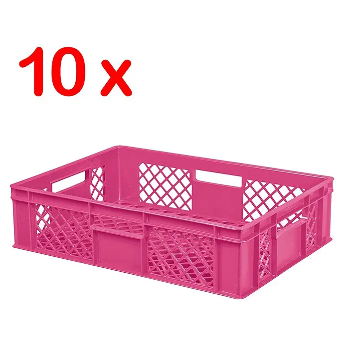BRB Etagenwagen mit 5 Ebenen, BxTxH 1050x500x1450 mm bestückt mit 10 Euroboxen BxTxH 600x400x150 mm, durchbrochen - pink - Set aus 10 pinken Kunststoff-Lagerkisten.