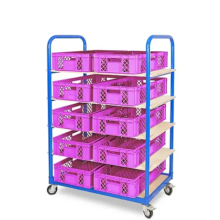 BRB Etagenwagen mit 5 Ebenen, BxTxH 1050x500x1450 mm bestückt mit 10 Euroboxen BxTxH 600x400x150 mm, durchbrochen (pink)
