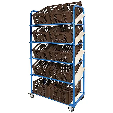 BRB Schrägboden-Regalwagen mit 5 Ebenen, bestückt mit 10 Euroboxen durchbrochen 600x400x240 mm braun
