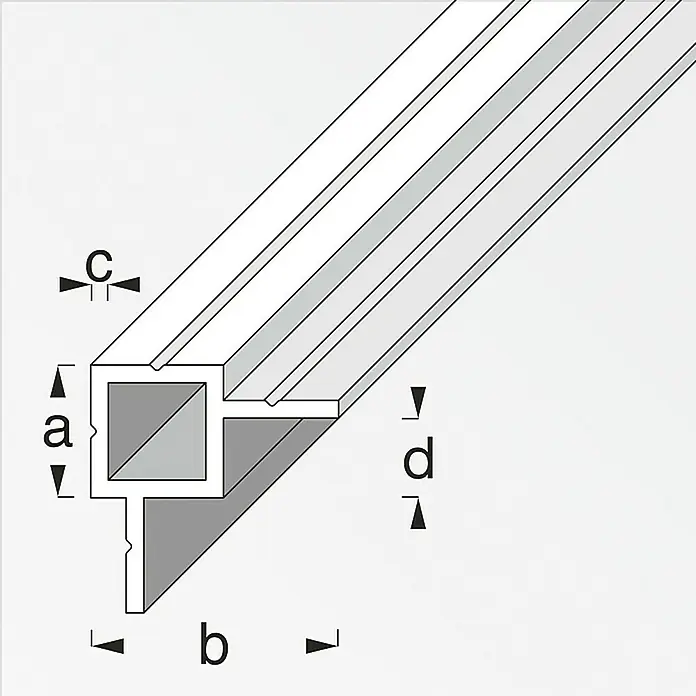 Kantoflex Vierkantrohr - L x S: 2.500 x 1,5 mm, Aluminium, 2 Schenkel versetzt - Profilansicht mit Beschriftung der Maße a, b, c und d, die die Abmessungen des Produkts wiedergeben.