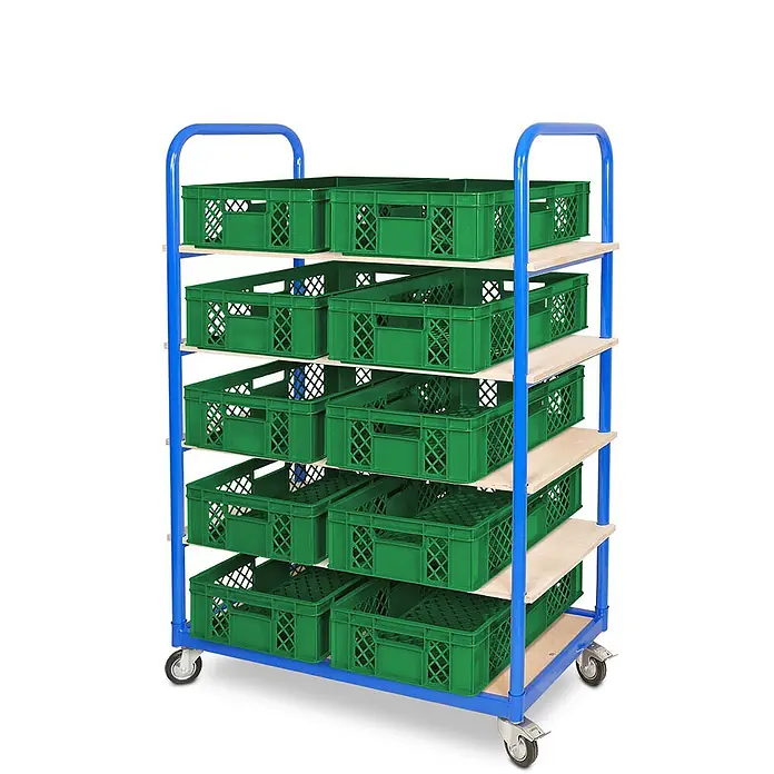 BRB Etagenwagen mit 5 Ebenen, BxTxH 1050x500x1450 mm bestückt mit 10 Euroboxen BxTxH 600x400x150 mm, durchbrochen - grün - Blauer Rollwagen mit fünf Holzablagen, der mehrere grüne Kunststoffkisten aufbewahrt.