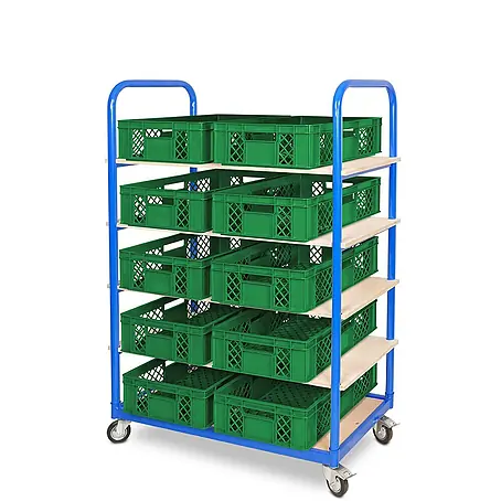 BRB Etagenwagen mit 5 Ebenen, BxTxH 1050x500x1450 mm bestückt mit 10 Euroboxen BxTxH 600x400x150 mm, durchbrochen (grün)
