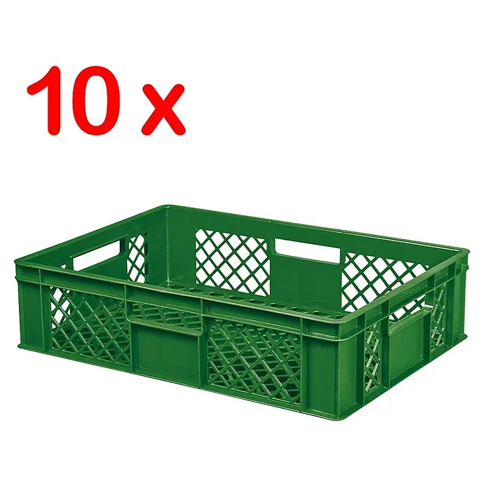BRB Etagenwagen mit 5 Ebenen, BxTxH 1050x500x1450 mm bestückt mit 10 Euroboxen BxTxH 600x400x150 mm, durchbrochen - grün - 10x grüne Kunststoff-Stapelbehälter mit Gitterseiten für Lagerung und Transport.