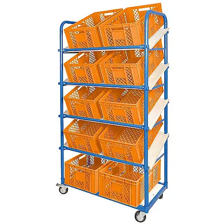 BRB Schrägboden-Regalwagen mit 5 Ebenen, bestückt mit 10 Euroboxen durchbrochen 600x400x240 mm orange