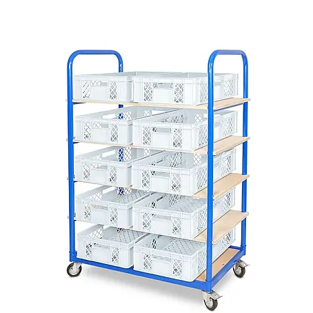 BRB Etagenwagen mit 5 Ebenen, BxTxH 1050x500x1450 mm bestückt mit 10 Euroboxen BxTxH 600x400x150 mm, durchbrochen (weiß)