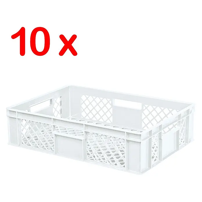 BRB Etagenwagen mit 5 Ebenen, BxTxH 1050x500x1450 mm bestückt mit 10 Euroboxen BxTxH 600x400x150 mm, durchbrochen - weiß - 10 weiße Kunststoffkisten.