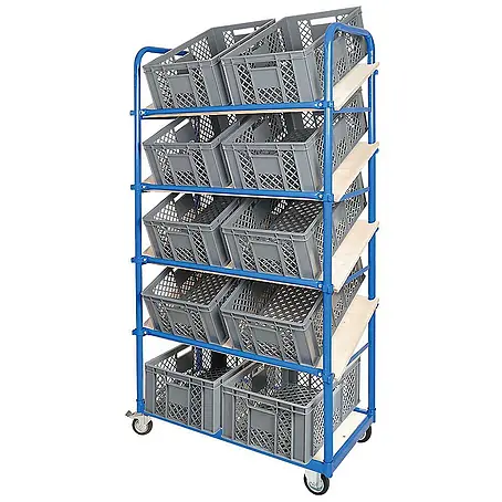 BRB Schrägboden-Regalwagen mit 5 Ebenen, bestückt mit 10 Euroboxen durchbrochen 600x400x240 mm grau
