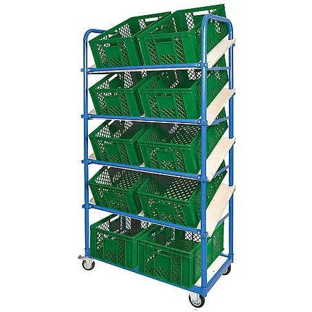 BRB Schrägboden-Regalwagen mit 5 Ebenen, bestückt mit 10 Euroboxen durchbrochen 600x400x240 mm grün