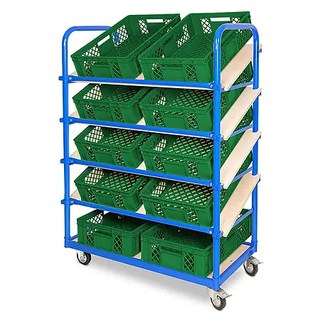 BRB Schrägboden-Regalwagen mit 5 Ebenen, bestückt mit 10 Euroboxen BxTxH 600x400x150 mm, durchbrochen, BxTxH 1050x500x1450 mm (grün)