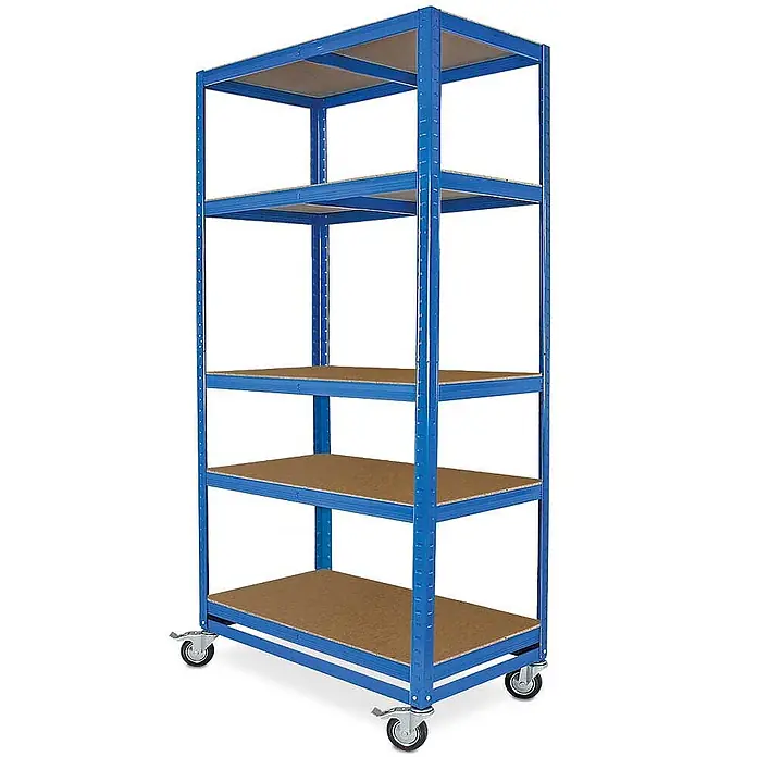 BRB Kommissionierwagen/Etagenwagen mit 5 Ebenen, HxBxT 1905x900x500 mm - blau - Blaues Metallregal mit fünf Holzablagen auf Rollen.